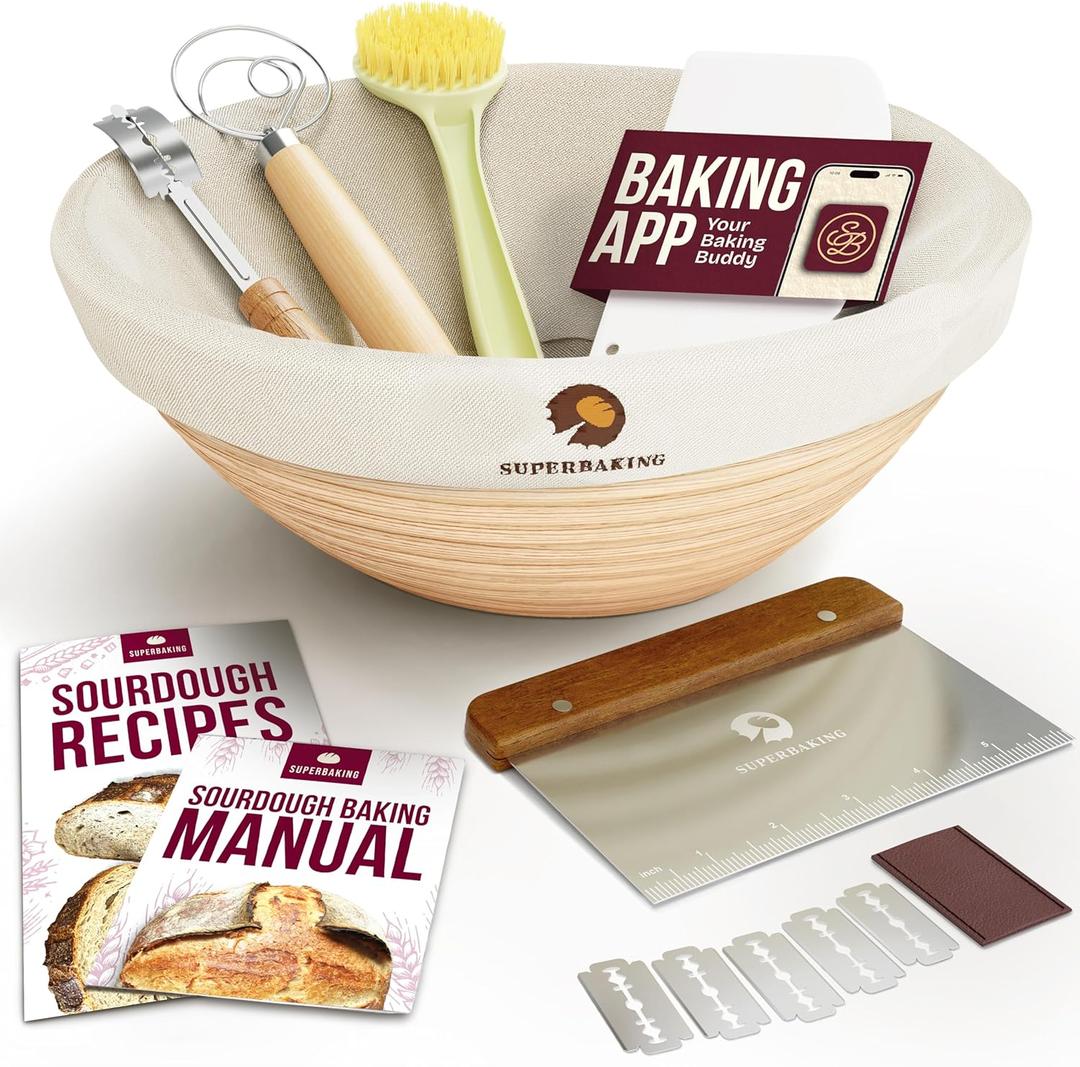 Superbaking Banneton Bread Proofing Basket, Sourdough Bread Baking Supplies, Round 9 Inch Sourdough Starter Kit, Proofing Basket for Baking, Bread Making Supplies Tools, Banneton Basket Gift Set Superbaking Banneton Bread Proofing Basket, Sourdough Bread Baking Supplies, Round 9 Inch Sourdough Starter Kit, Proofing Basket for Baking, Bread Making Supplies Tools, Banneton Basket Gift Set