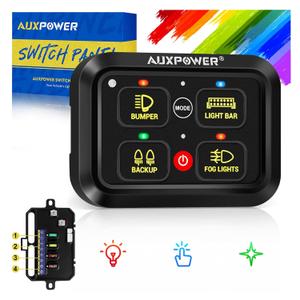 Auxpower RGB 4 Gang Switch Panel A24 Auxiliary Switch Panel with Relays Box 3 Lighting Modes Auto Dimmable Backlit Switch Panel 12V Waterproof Off Road Control Panel for Truck Marine UTV Car