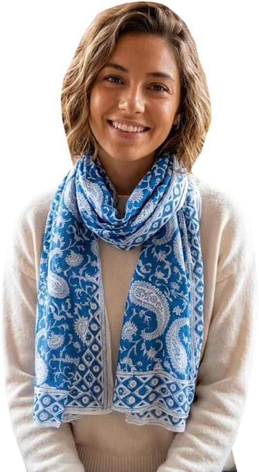 Rastogi Handicrafts Scarfs For Women 100% Pure Cotton Design Hand Block Printed Mini Scarf/Stoll/Stole For Girls 70x20 Inch (Blue)