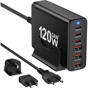 European USB C Charger Station Fast Charging Hub Europe Travel Power Adapter Multiple 6 Multi Port 120W GaN PD QC Block EU UK US Plug for Apple iPhone Samsung Pixel 65W Laptop MacBook Pro Air Surface