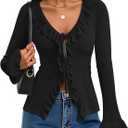 ZESICA Womens 2026 Fall Tie Front Bow Cardigan Sweaters Long Bell Sleeve V Neck Ruffled Knit Cropped Trendy Tops (Small, Black)