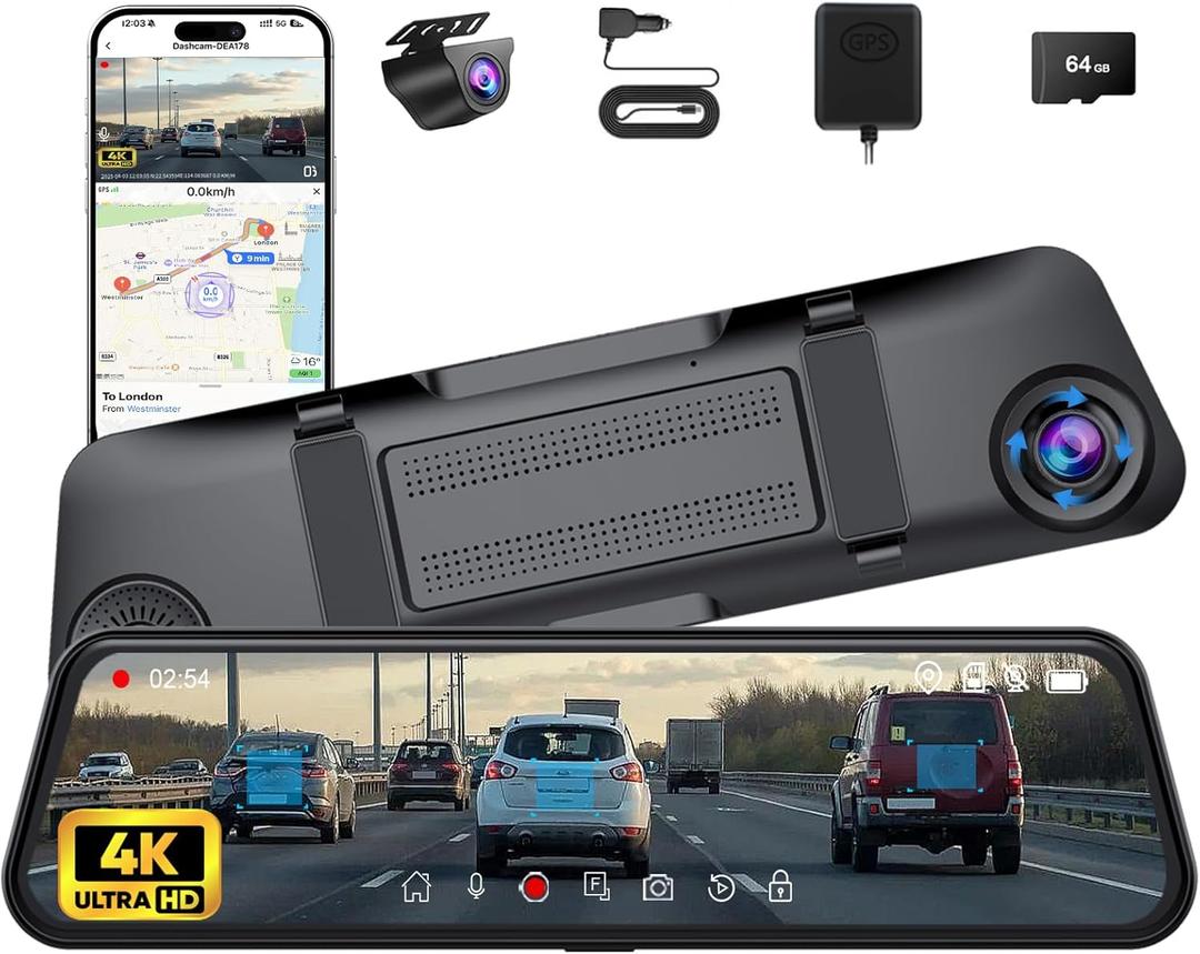 4K + 2.5K Mirror Dash Cam, 12'' Smart Rear View Mirror Camera with with IMX415 Sensor, WiFi, ADAS, BSD, GPS, Full HD Touch Screen, APP Control, Night Vision, Parking Monitoring, Free 64GB Card