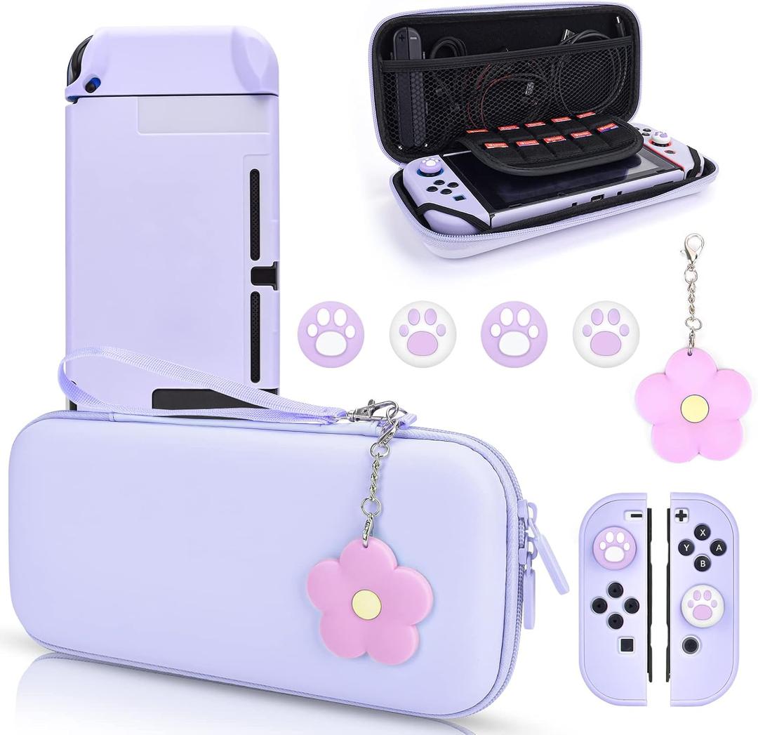 DLseego Switch Case Set Carrying Case with 10 Slots Cute Protective Dockable Hard Shell with 4PCS Glitter Cat Paw Thumb Grips Caps and 1PC Flower Blossom Chain For Switch 2017 (Purple)