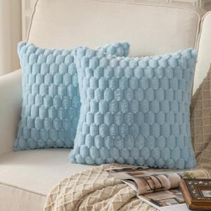 MANDIOO Pack of 2 Light Blue Super Soft Plush Fluffy Decorative Throw Pillow Covers 22x22 inch Faux Fur Wool Velvet Cushion Covers Pillow Cases Couch Sofa Bed Living Room