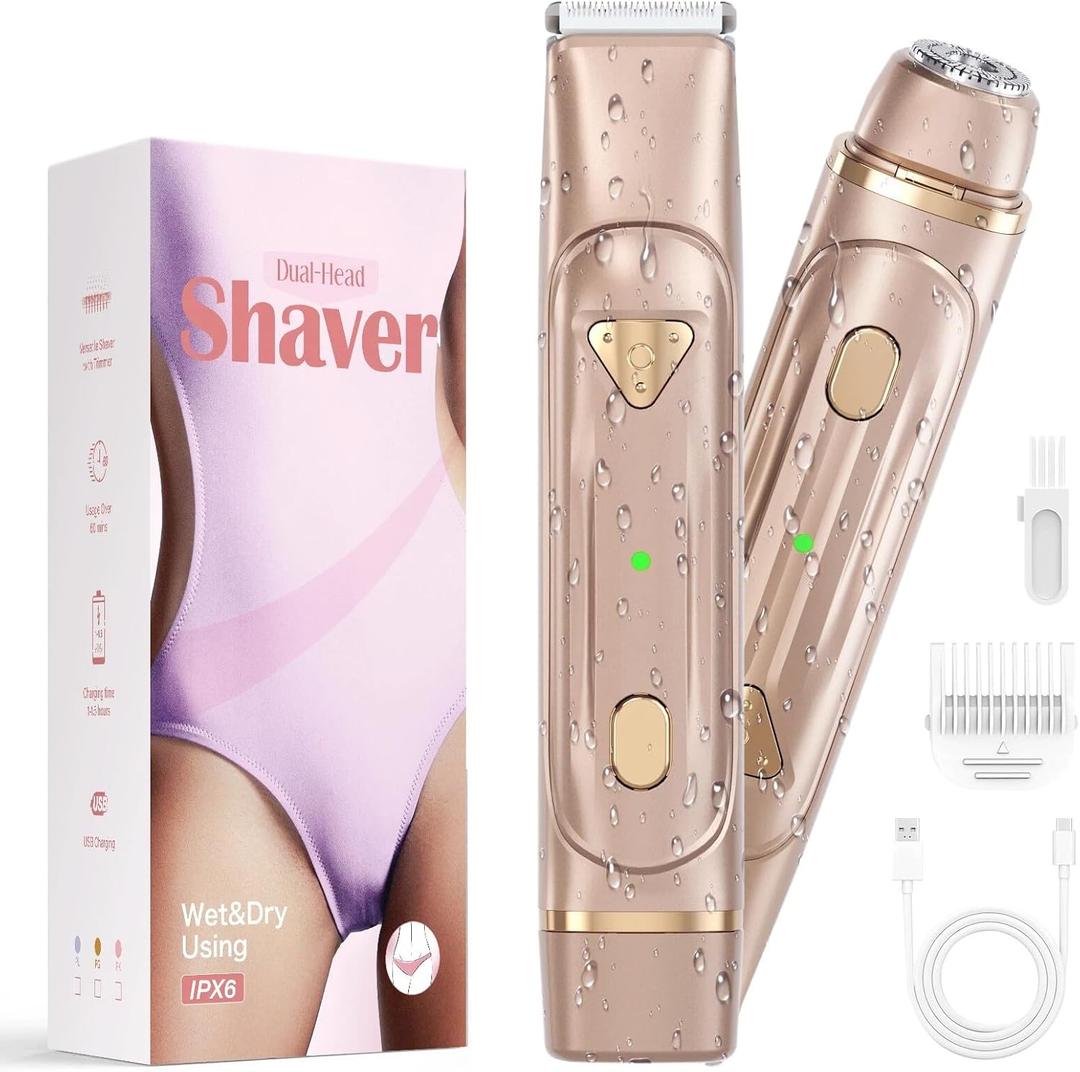 Dermave Bikini Shaver - Bikini Trimmer for Women, Waterproof Electric Dual Head Shaver (Gold)
