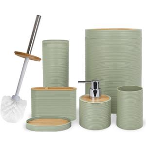 CERBIOR Bathroom Accessories Set 6 Piece Bamboo Bath Ensemble Includes Soap Dispenser, Toothbrush Holder, Toothbrush Cup, Soap Dish for Decorative Countertop and Housewarming Gift, Sriral Green