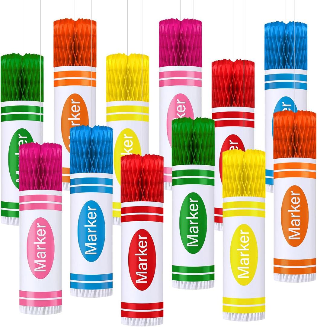 12 Pcs Welcome Back to School Classroom Decorations Markers Hanging Honeycomb Colorful Markers Ceiling Hanging Centerpieces Pencil Lanterns Honeycomb Decor for First Day of School Party