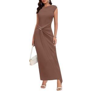 ZTMZA Summer Cocktail Dresses for Women Bodycon Casual Mock Neck Cap Sleeve Dress Elegant Wedding Guest Long Maxi Dress Brown, Small