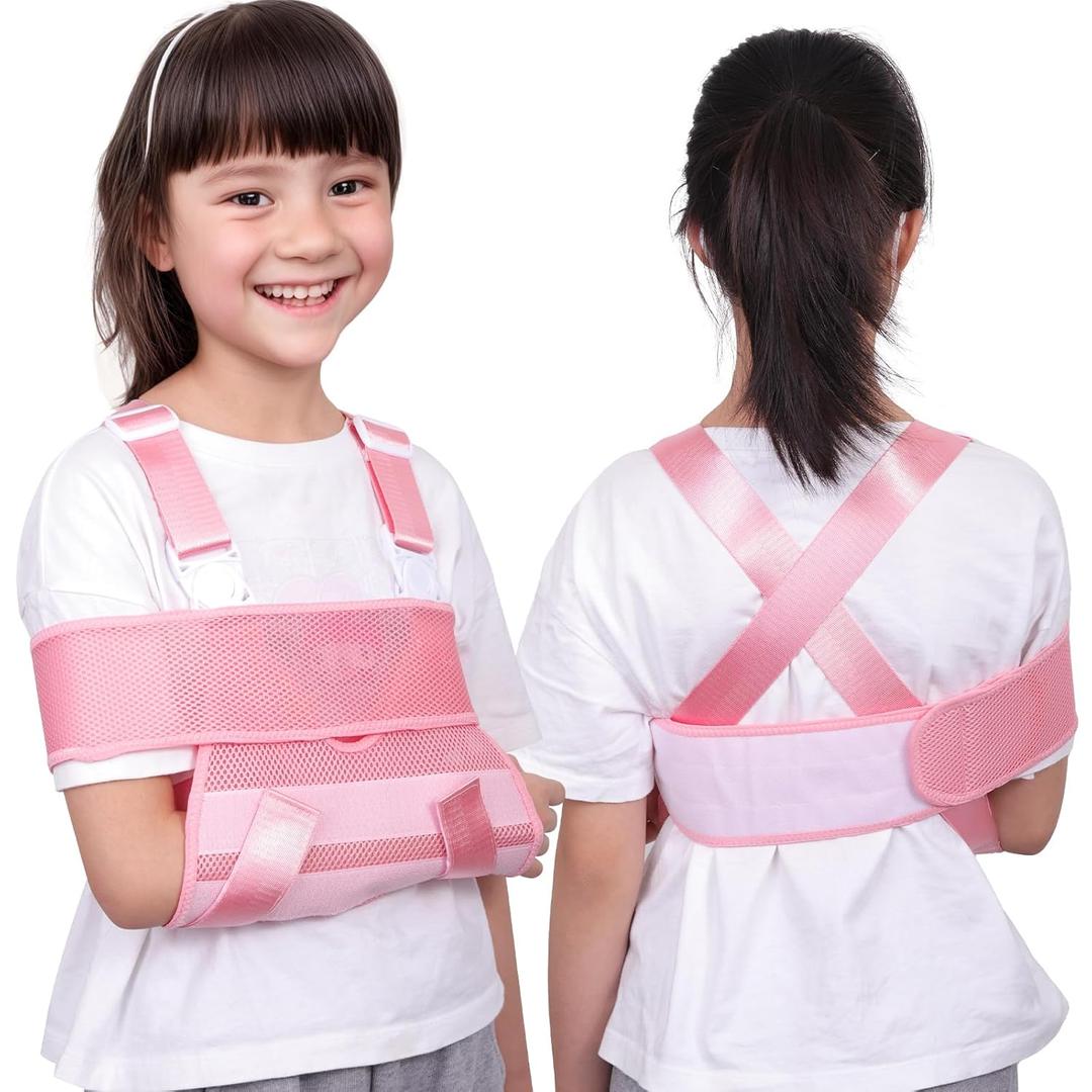Kids Upper Extremity Sling, Breathable & Comfort Arm Sling Shoulder ImmobilizerAdjustable Arm Sling for Elbow Injury (Pink-XS)