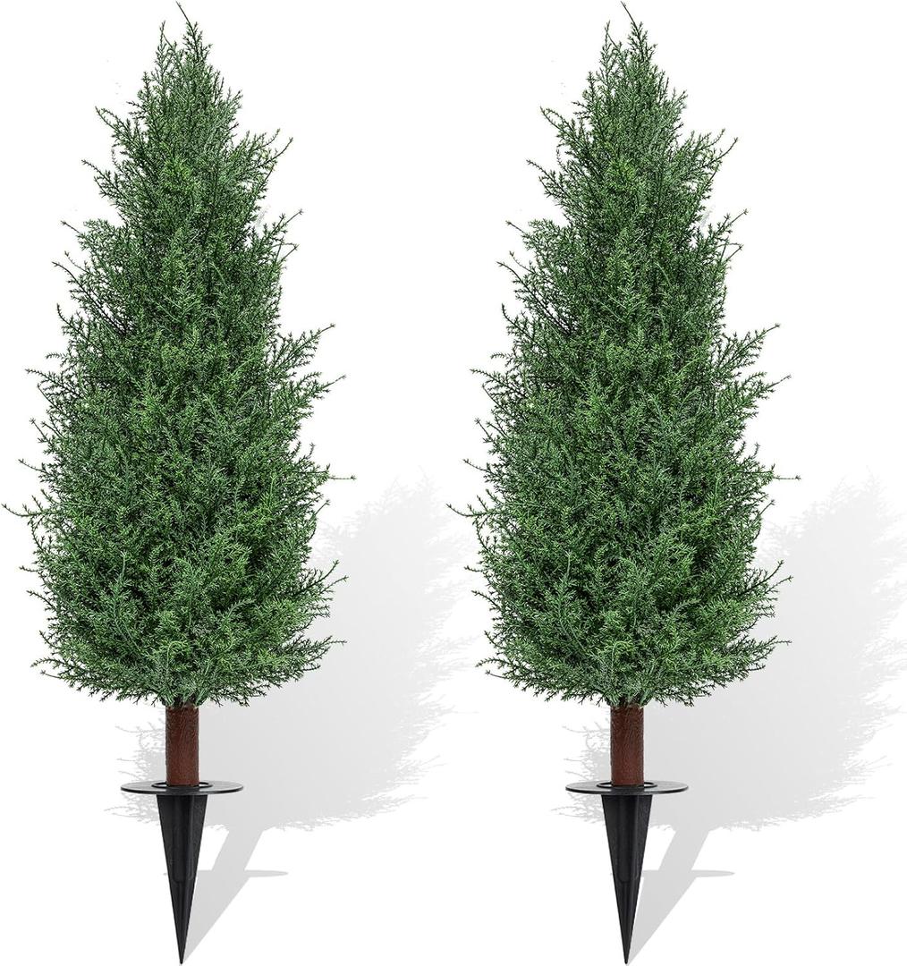 3FT Artificial Cedar Topiary Trees Set of 2, Realistic Fake Plants with Ground Spike, UV Resistant Faux Plants Indoor Artificial Plants Outdoor Fake Tree for Porch Garden Home Offices Décor