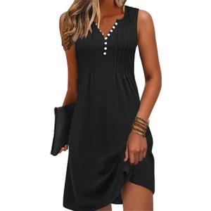 Disamer Beach Dresses for Women 2025 Vacation Swim Cover up V-Neck Summer Dress Button Down Sleeveless Boho Floral Sundress (Small, Pure Black)