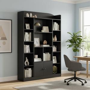 63" Tall Black Bookshelf with 14 Cubbies & 2-Door Cabinet, 5-Tier Large Wood Bookcase, Freestanding Storage Organizer & Display Shelf for Living Room, Study, Home Office (41.3" W x 63" H)