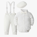 SALNIER Baby Boy Dress Suit Clothes Sets Infant Tuxedo Gentleman Suits Outfits Bowtie Shirt Suspenders Pants Beret Hat, 6-12 months