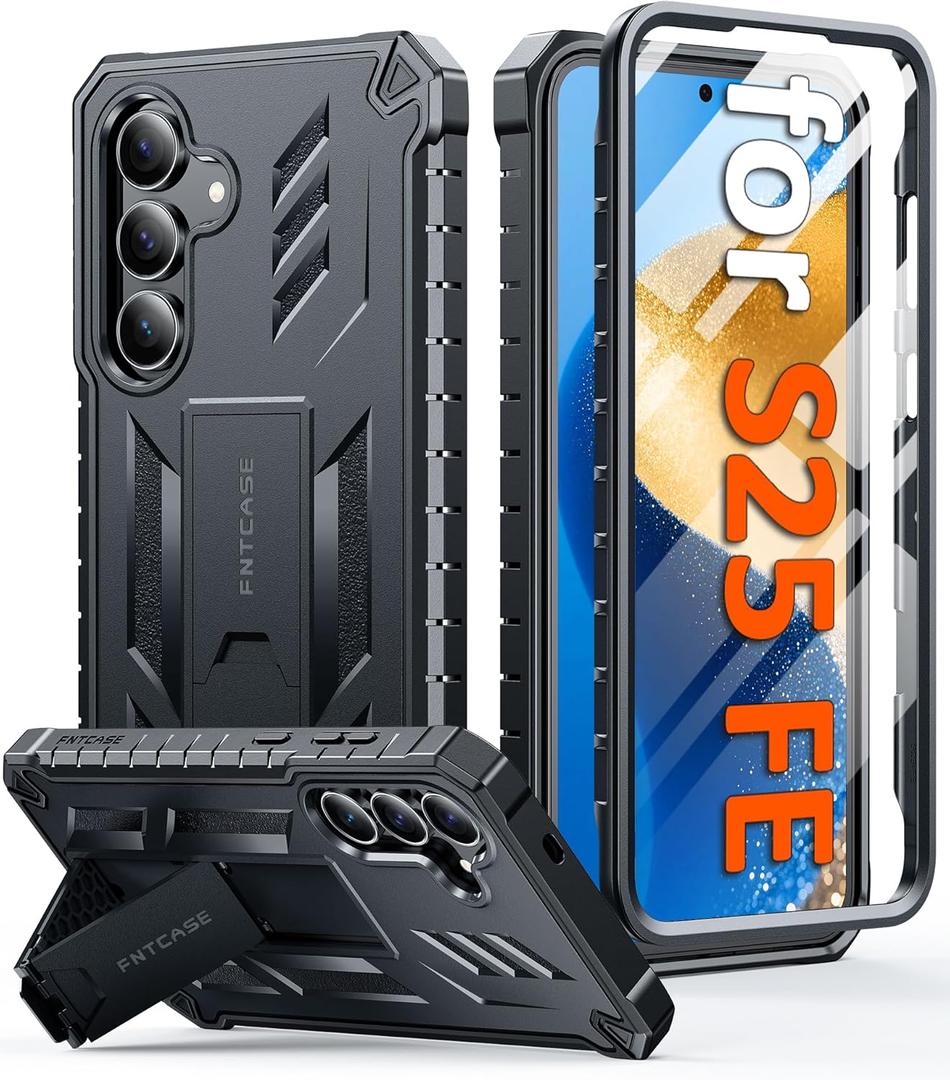 FNTCASE for Samsung Galaxy S25-FE Case: with [Built-in Screen Protector & Kickstand] [Military-Grade Drop Protection] Heavy Duty Protective Full Body Shockproof Rugged Sturdy TPU Phone Cover Black
