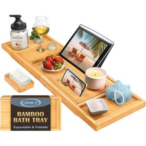 Home It Premium Foldable Bathtub Tray - Bamboo Waterproof Bath Tray for tub Caddy - Wooden Holder for Wine, Book, Soap, Phone, Luxury Gift for Men & Women - Expandable, Fits Most Tubs in Bathroom