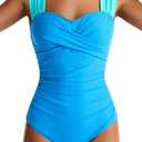 Womens One Piece Swimsuits Tummy Control Bathing Suits Modest Full Coverage Swimsuit Wide Straps Swimwear (Large, Blue)