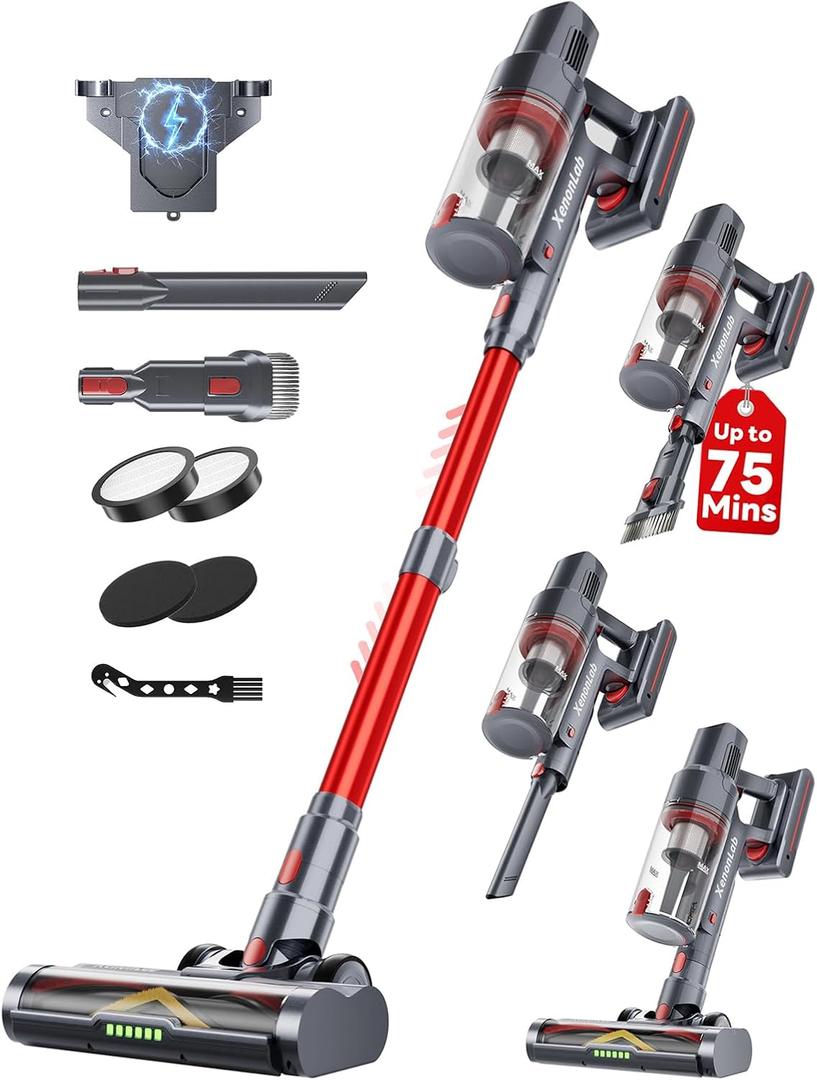 Cordless Vacuum Cleaner, 75Mins/48KPa/600W Self-Standing Stick Vacuum Cleaners for Home, Rechargeable, Lightweight, Anti-Static&Anti-Tangle Brush, for Hard Floor, Carpet, Hardwoods, Pet Hair