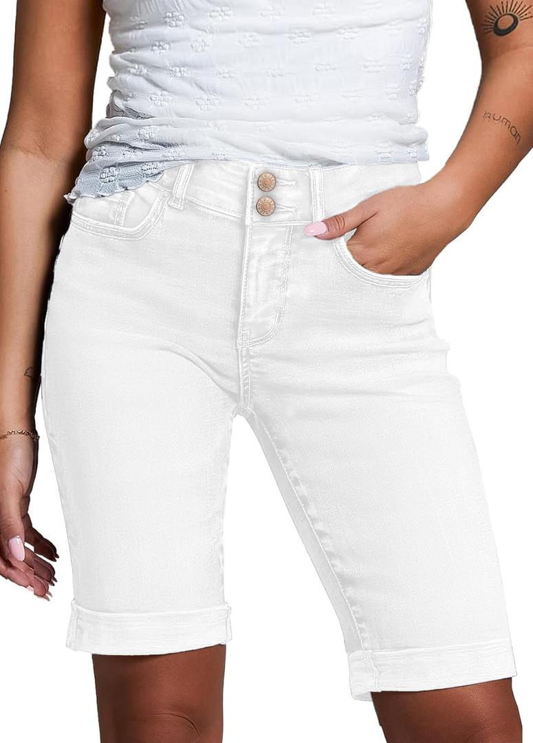 Sidefeel Women's Jean Shorts High Waisted Stretchy Bermuda Folded Hem Denim Summer Shorts (White, L)