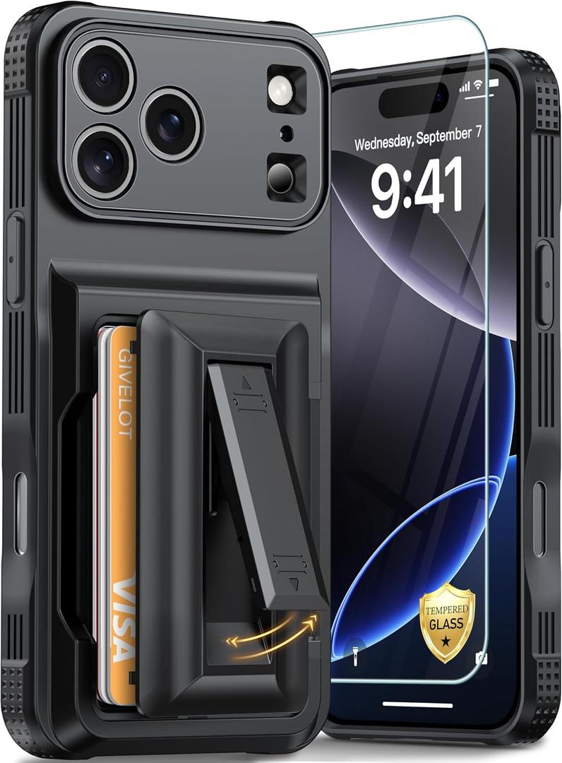 for iPhone 17 Pro Max Case with Card Holder4-5 Cards[RFID Blocking][9H Screen Protector ][Full Camera Protection][Hidden Kickstand]Rugged Heavy Duty Wallet Case for iPhone 17 Pro Max (Black)