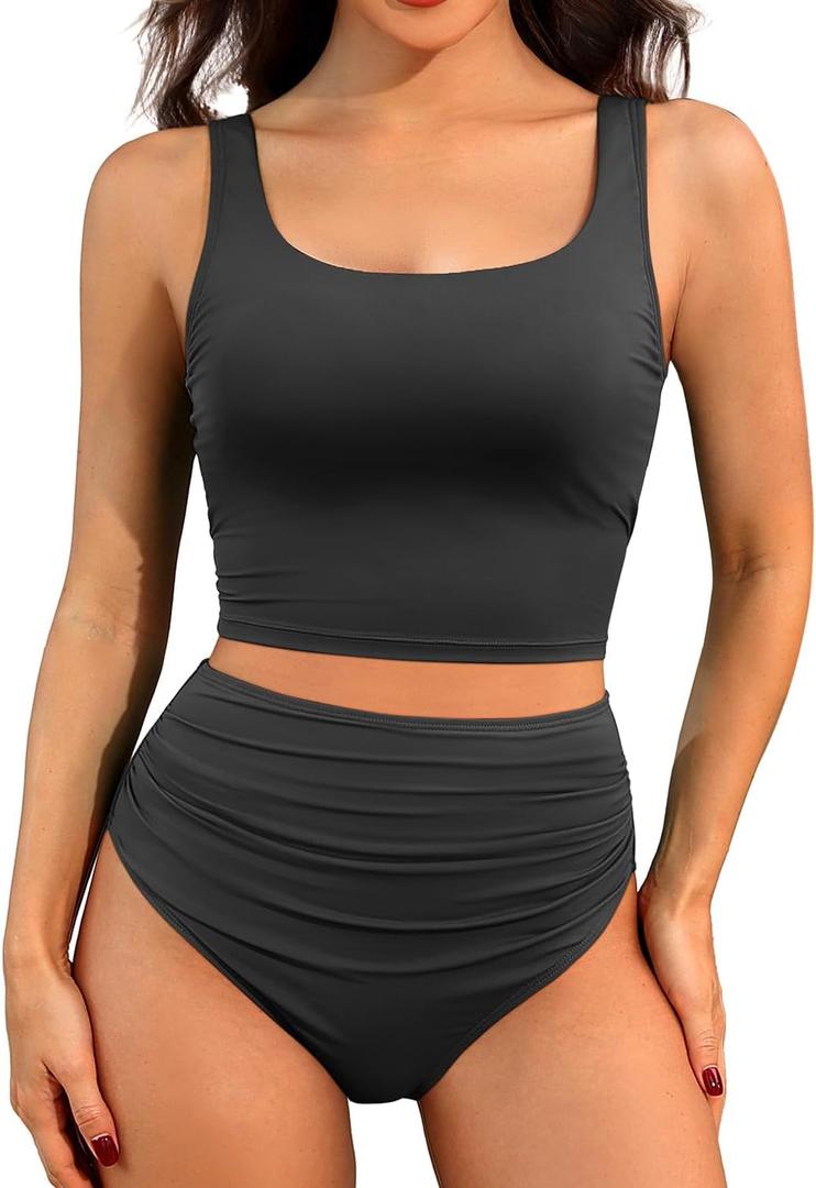 Women Two Piece Tankini Swimsuits - Crop Swim Top with High Waisted Bottom Tummy Control Bathing Suits Swimwear (Medium, Black)