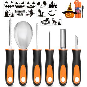 Halloween Pumpkin Carving Kit, 6 Pcs Pumpkin Carving Knife with 12 Stencils 1 Mark Pen 1 Storage Bag, Professional Pumpkin Carving Tools