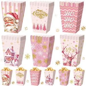Gueevin 60 Pcs Christmas Popcorn Boxes Pink Santa Claus Treat Boxes Candy Cookie Holder Container for Christmas Party Favors Supplies Decorations