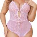 Avidlove Women Plus Size Lingerie Lace Teddy Deep V Lingerie Bodysuit One Piece Babydoll (X-Large, Pink)