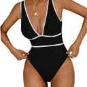 SHENHE Women's One Piece Swimsuit Deep V Neck Tummy Control Color Block Bathing Suit Swimwear (Black, XL)