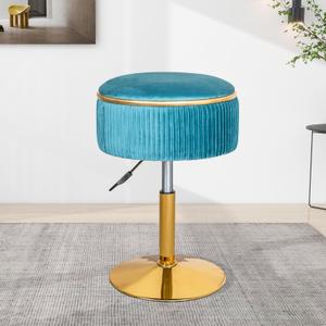 Adjustable Vanity Stool for Makeup Room, 360 Swivel Gold Vanity Chair, Round Storage Ottoman Footrest for Living Room Bedroom, Blue (13 inches)