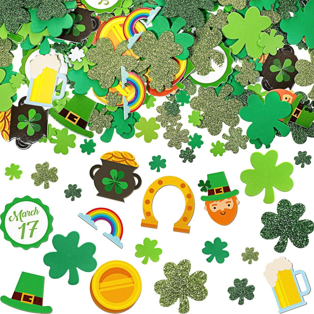 400 Pcs St. Patrick's Day Foam Stickers Glitter Shamrock Self Adhesive Craft Stickers Leprechaun Rainbow Coin Decals for St. Patrick's Day Party DIY Craft Decorations Supplies(Shamrock Style)