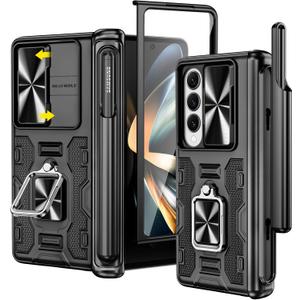 VEGO for Galaxy Z Fold 4 Case, with [S Pen Holder][Hinge Protection][360-degree Rotating Kickstand][Slide Camera Cover][Front HD Screen Protector] Protective Cover for Samsung Z Fold 4 - Black