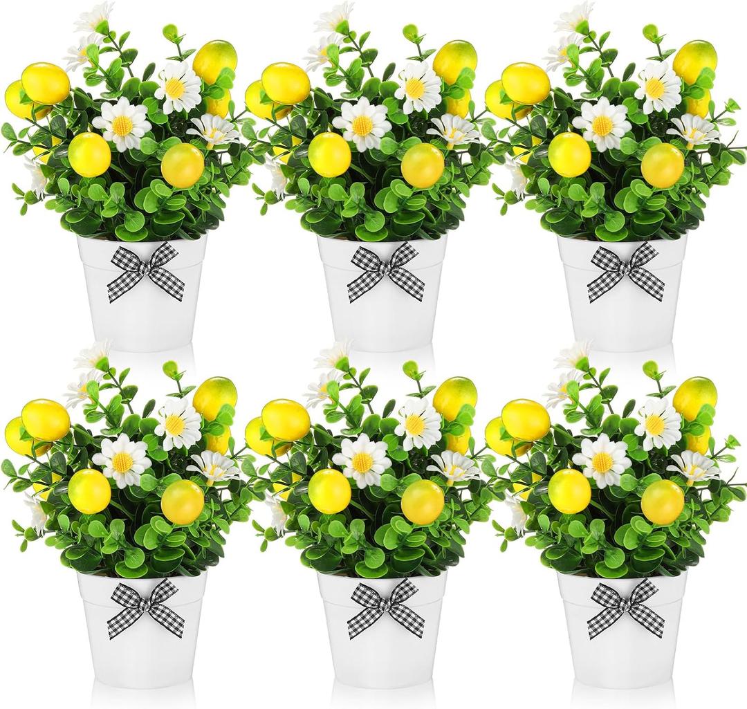 Nitial 6 Pcs Lemon Centerpiece for Tables 7.75 Inch Artificial Lemon Kitchen Decorations Mini Fake Fruit Potted Plant Spring Summer Farmhouse Decor for Indoor Outdoor Living Room Home