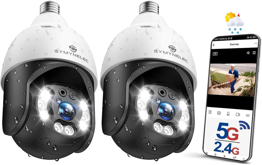 SYMYNELEC 5GHz/2.4GHz Light Bulb Security Camera Outdoor Waterproof 2.5K, 5G Dual Band WiFi Light Socket Security Camera with AI Human Motion Detection Tracking 4MP Color Night Vision Alexa (2 PCS) (Black & White 2 Packs)