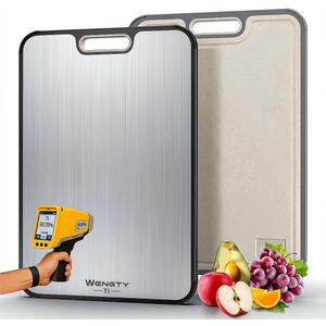 Titanium Cutting Boards for Kitchen, 2-in-1 Double Sided Food-Grade Pure Titanium&Wheat Straw PP, Non-Toxic, Non-Slip, Dishwasher Safe, Ideal for Meat, Vegetables, Fruit(Ti Silvery White, 16"L x 11"W)