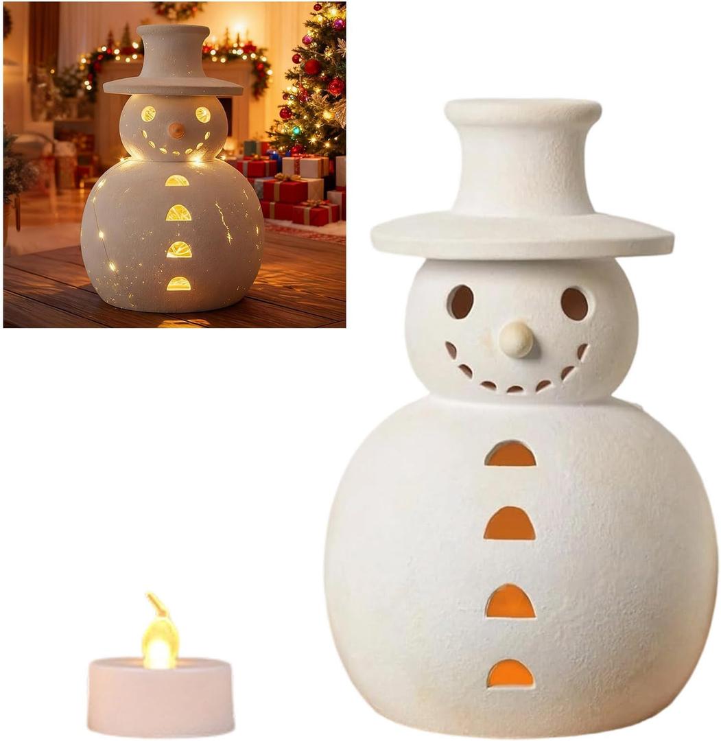 Vintage Terracotta Snowman Ornament with Light, Christmas Handmade Figurine, Holiday Table Decor (20cm, White)