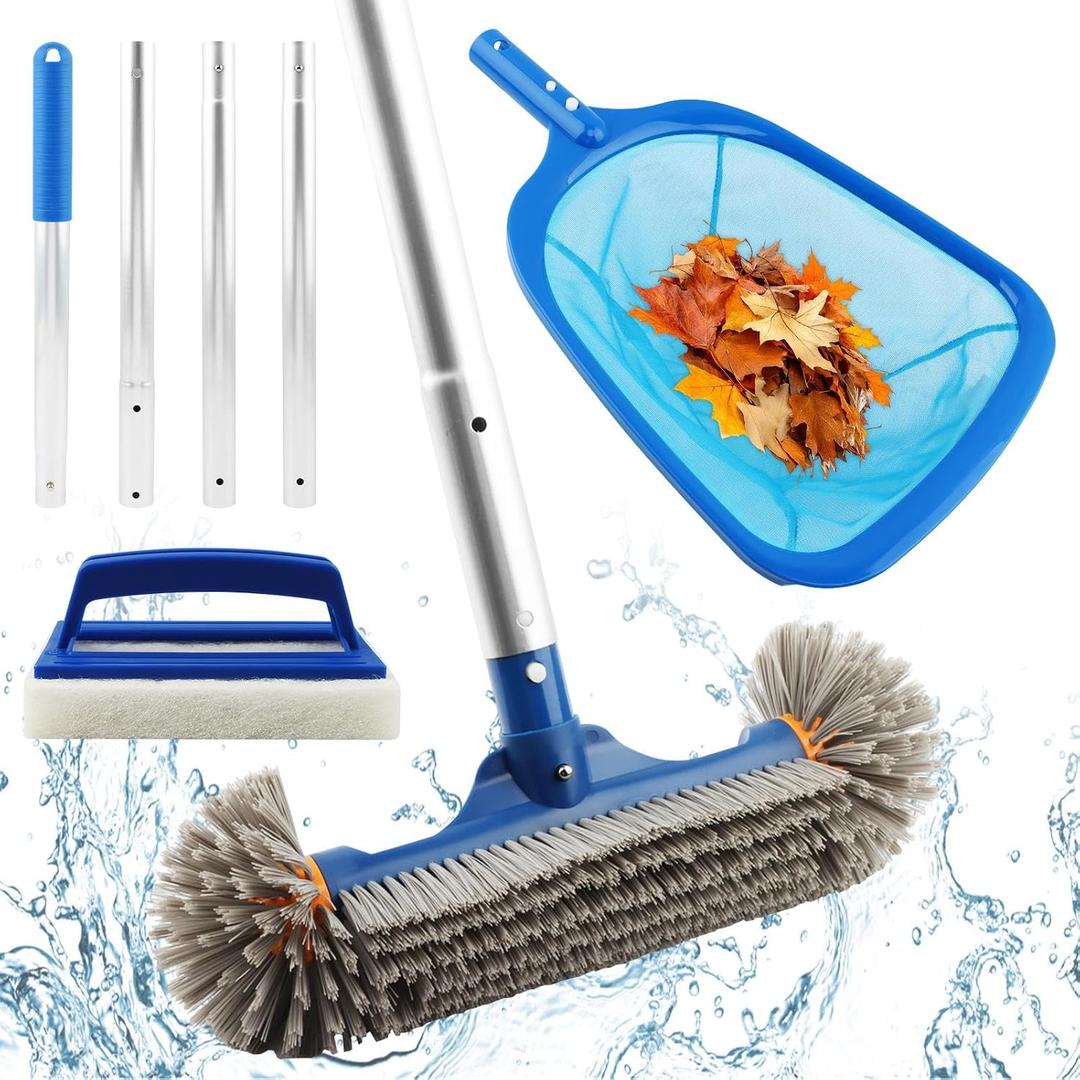 Swimming Pool Cleaning Kit, Pool Brush with 59" Adjustable Aluminum Pole & Semi-deep Skimmer Net & Cleaning Sponge Scrubber with Handle for Above Ground Pools,Ponds,Spas,Hot Tubs(COLOR:Blue)