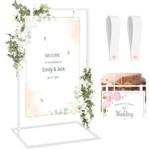 Wedding Sign Stand 50 x 30 x 20 Welcome Easel to Our Wedding Sign Stand Display Metal Signage with 2 Pcs Leather Straps for Hanging Easel Welcome for Ceremony Party(White)