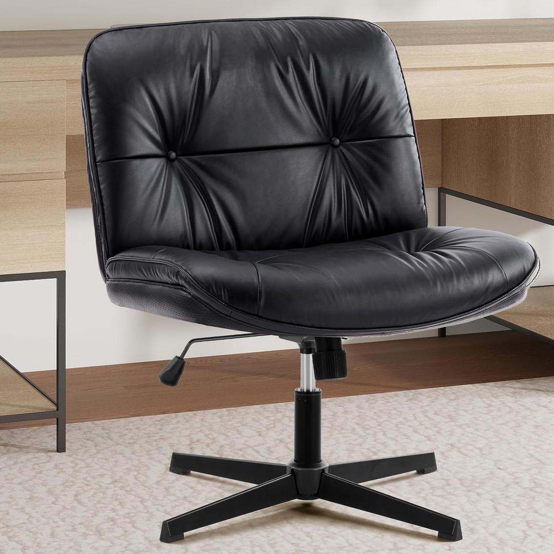 Sweetcrispy Criss Cross Legged Chair, Armless Office Desk Wide Seat No Wheels, PU Leather Swivel Height Adjustable Comfy Computer Task Seating Modern Home Room - Black