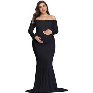 YnimioAOX Maternity Photoshoot Dress Long Sleeve Elegant Maxi Photography Dress Slim Stretchy Gowns (Black, XL)