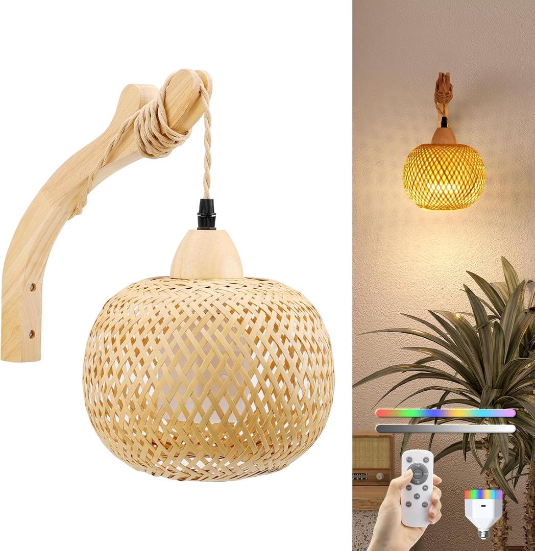 NIORSUN Boho Wall Sconce, Wireless Rechargeable Battery Powered with Vintage Woven Design for Bedroom, Living Room, Dimmable LED with 3 CCT and 6 RGB Solid Color, Timer, Easy Install