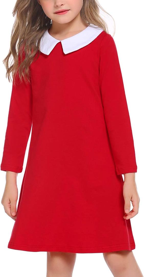 Arshiner Girls Long Sleeve Vintage Peter Pan Collar T-Shirt Dress Age 4-13 Years (Red)