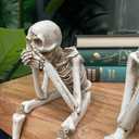 Skull Statues Set Resin Skeleton Shelf Sitters Sitting Figurines for Home Bookshelf Table Ledge Edge Decorative, Crafts Ornaments Collectibles Statues for Skeleton Lovers Halloween Decor (See)