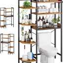 K1 Heavy Duty 7-Tier Over The Toilet StorageWith Basket and Paper HookFreestanding Above Toilet Shelf with Adjustable FeetSpace Saver Bathroom Shelves 9.3"D x 33.5"W x 63.8"HRustic Brown