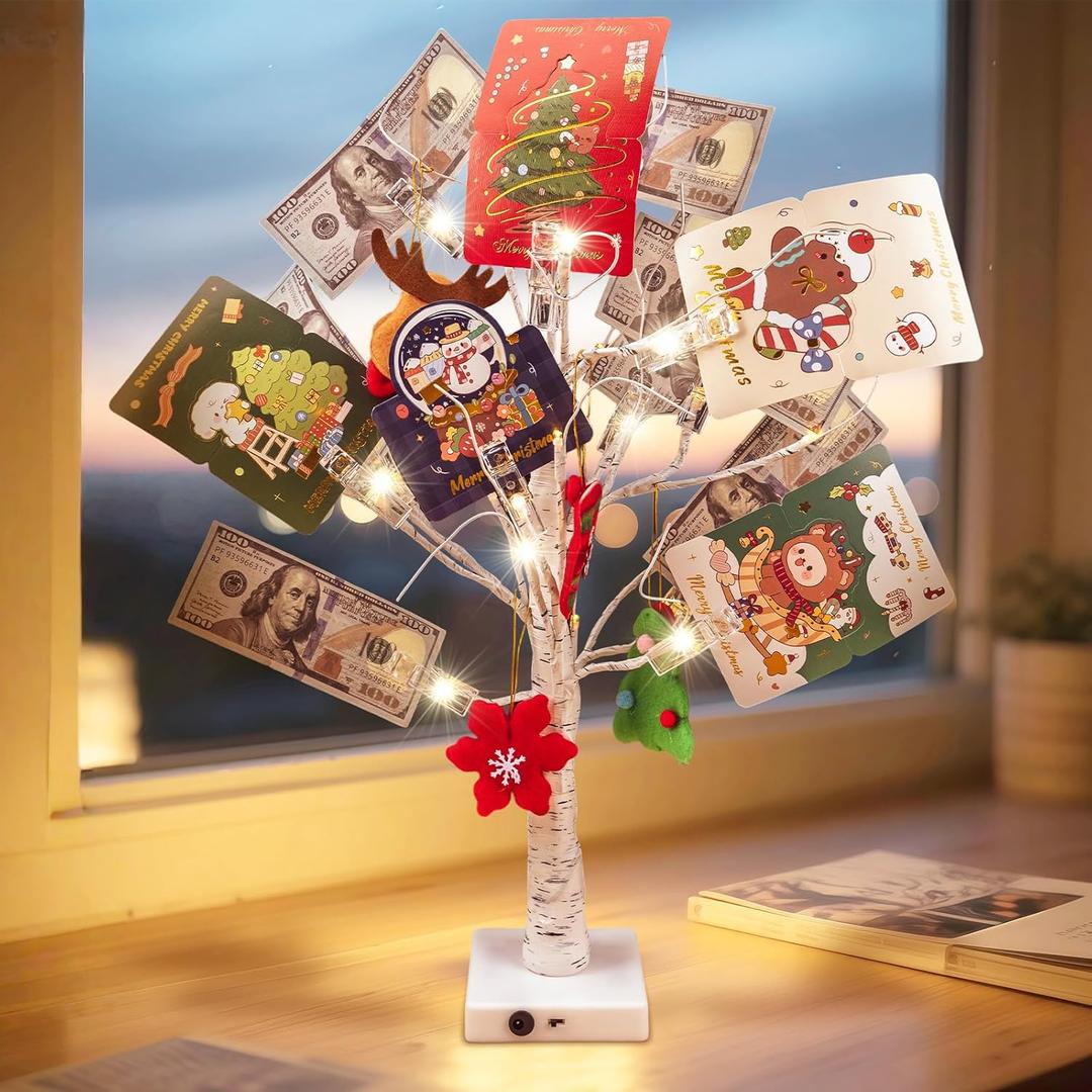 Money Tree Gift Holder, 2FT Birch Tree with 12 Clips & 24 LED Lights, Battery/USB Powered Light Up Artificial Tree Gift Card Holder, Ideal Display for Home Christmas Party Wedding Birthday Graduation