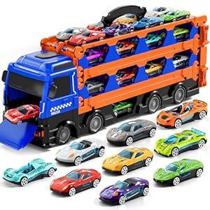 Large Truck Toys for Toddlers 1-3 2-4 3-5 4-7 Years Old Boys Kids, Transport Truck with 24 Pcs Die-Cast Cars, Toy Gifts for 3 4 5 6 Year Old Boys, Toddler Gift Toys for Ages 3-5 4-7