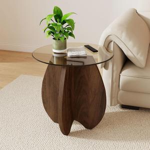 MDF Frame Side Table with Brown Tempered Glass Top, Mortise and Tenon Joint Design, No Screw Easy Assembly, Sturdy End Table for Living Room, Bedroom (Shell-Brown)