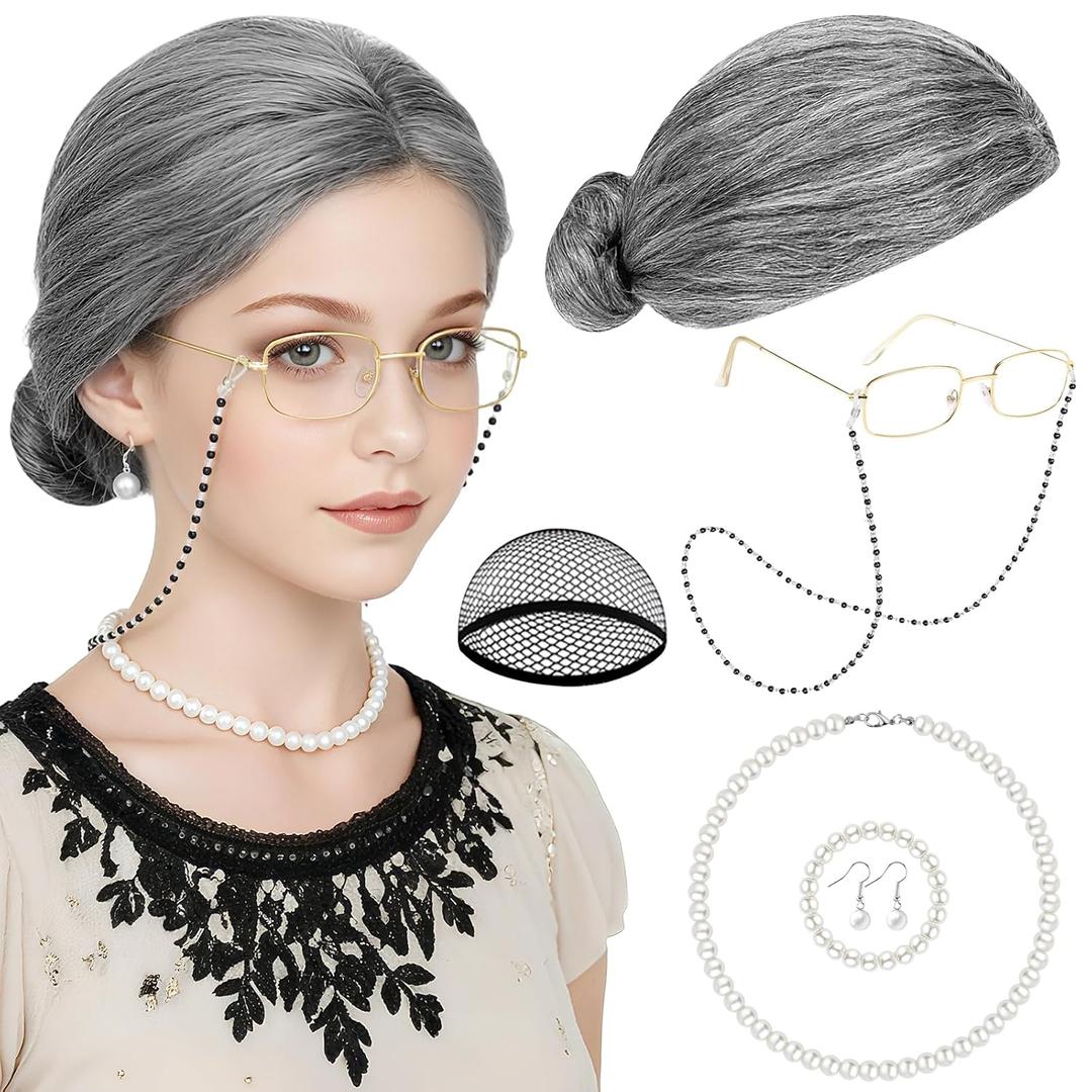 PLULON 7Pcs Grandma Wig Old Lady Costume Set, Gray Funny Wig with Cap Granny Accessories for Crazy Hair Day Cosplay Costume Halloween Fun Cosplay Party Supplies