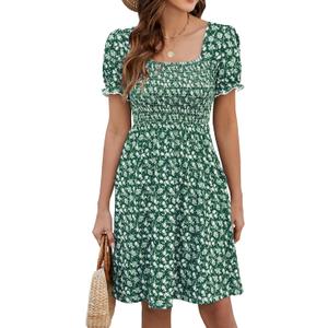 Naggoo Women's Summer Dresses Puff Short Sleeve Square Neck Casual Boho Floral Smocked A Line Flowy Beach Dresses, L