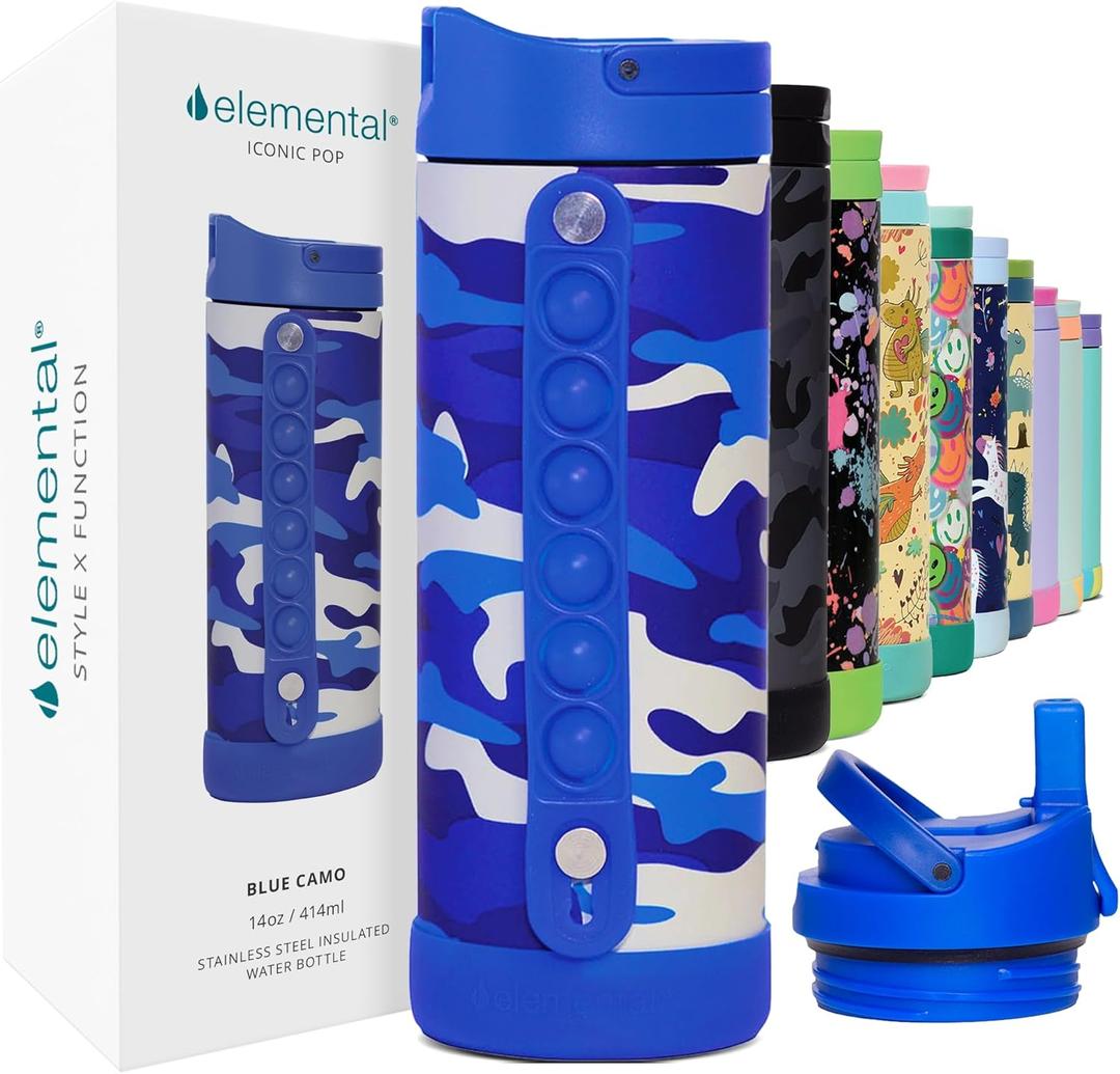 Elemental Iconic Kids Water Bottle for School - 100% Leak-Proof Insulated Water Bottles with Straw Lid & Pop-It Handle for Boys & Girls - Triple-Wall Insulated & BPA-Free, 14oz - Blue Camo