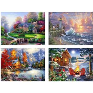 4 Pack Stamped Cross Stitch Kits - Four Seasonal Landscape Counted Cross Stitch Kits for Beginners Adults,11 CT Patterns Dimensions Embroidery Kits Arts Craft Kits 16 x 12inch